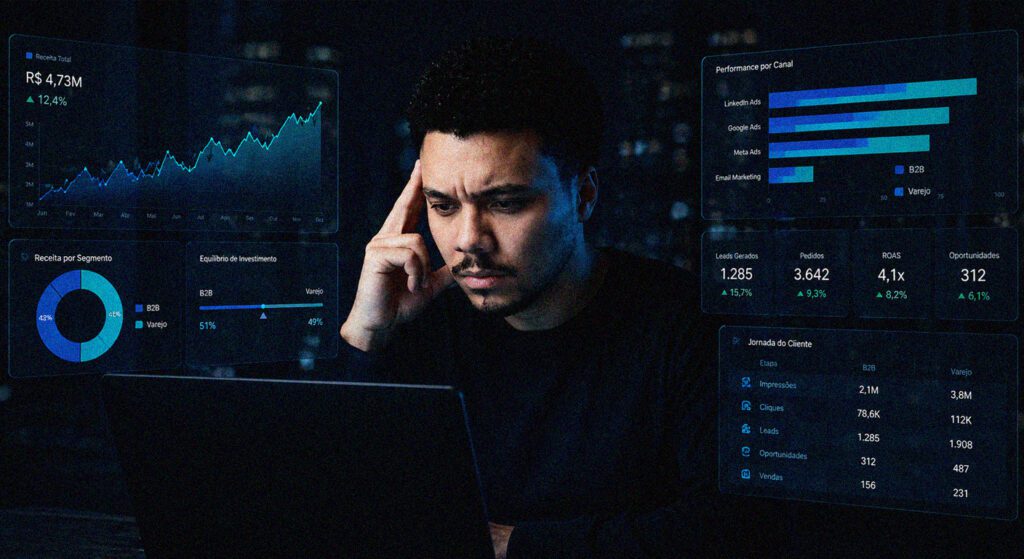Estrategista analisando dados para equilibrar marketing B2B e varejo no dashboard da SmartWave.