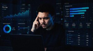 Estrategista analisando dados para equilibrar marketing B2B e varejo no dashboard da SmartWave.