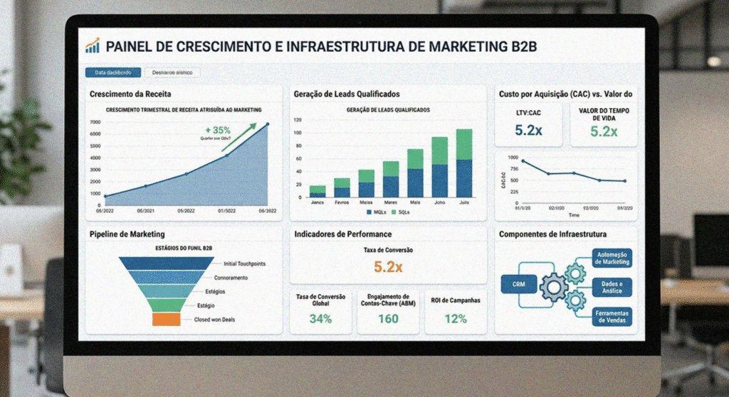 Dashboard de marketing com gráficos de crescimento e indicadores de performance representando infraestrutura de escala no marketing B2B