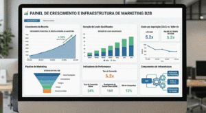 Dashboard de marketing com gráficos de crescimento e indicadores de performance representando infraestrutura de escala no marketing B2B