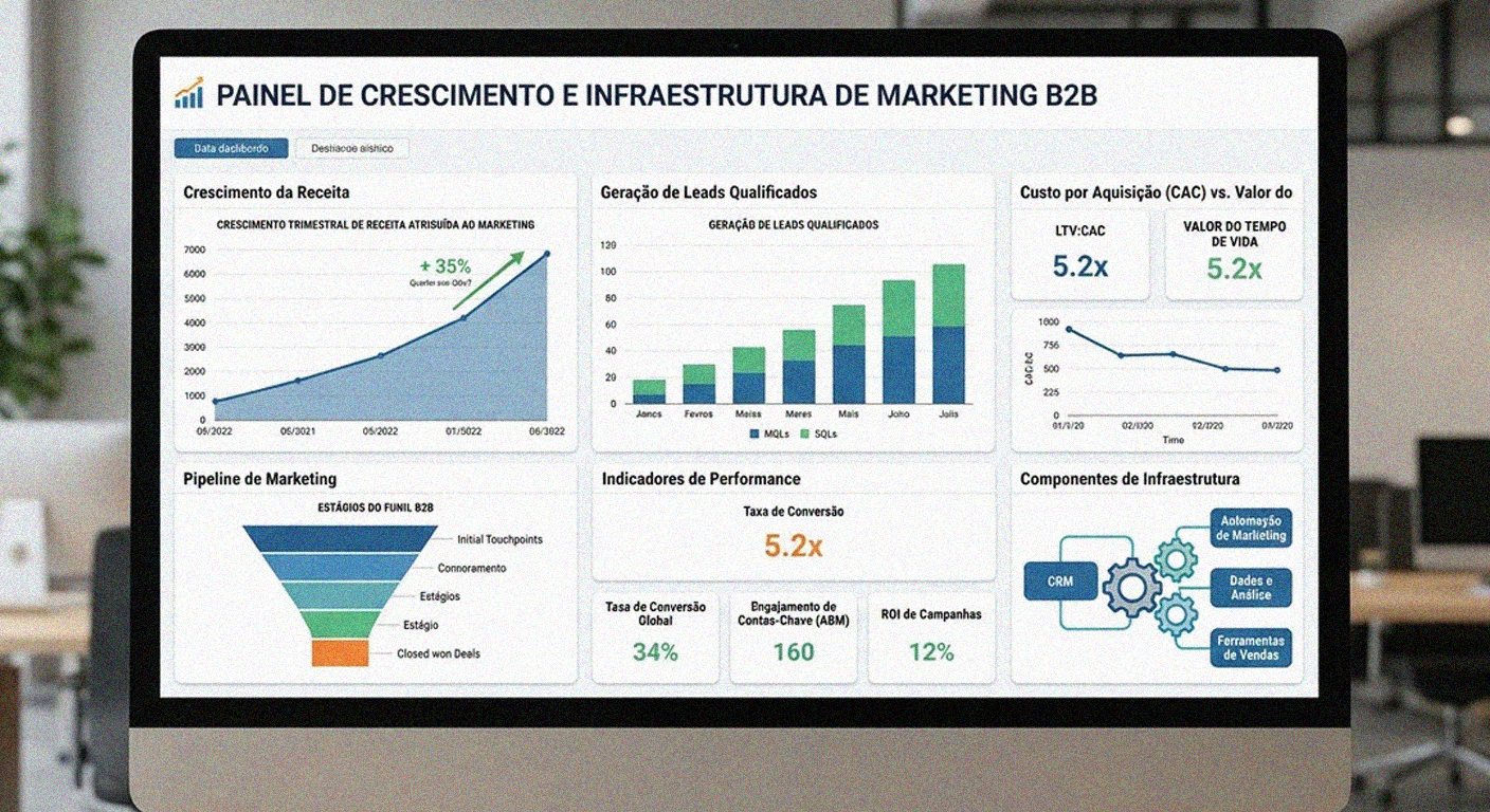 Dashboard de marketing com gráficos de crescimento e indicadores de performance representando infraestrutura de escala no marketing B2B
